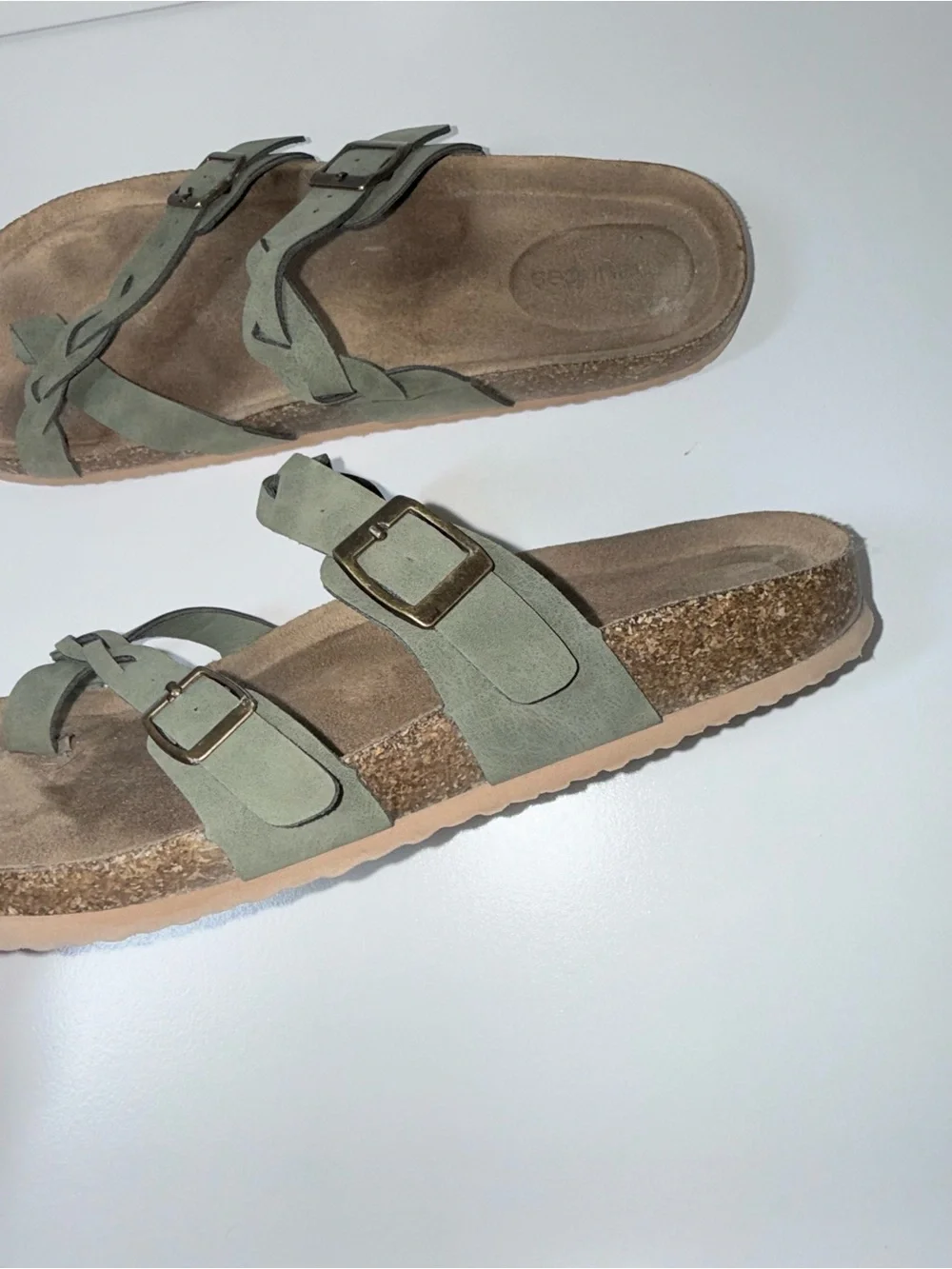 Maurices SuperCush Chloe Braided Cork Footbed Sandals Olive Green Buckle Size 8